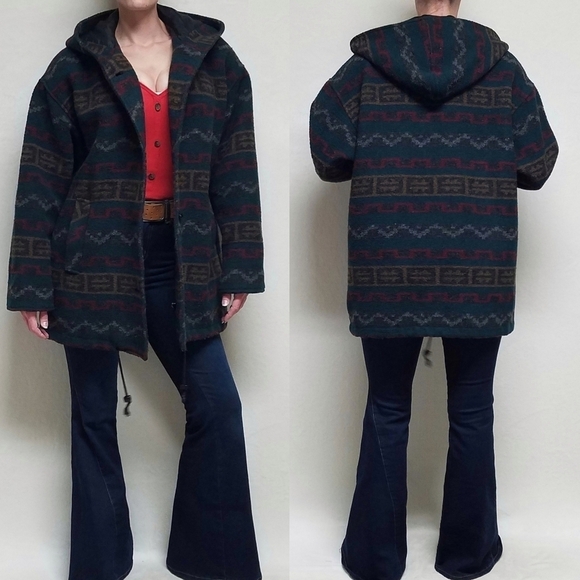 Vintage 90s Braetan Italian Boho Wool Blend Hooded Toggle Button Blanket Coat L - Picture 1 of 14